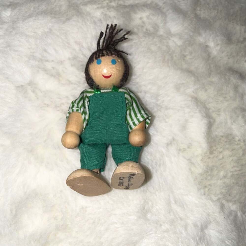 Melissa & Doug Wooden Poseable 3” Dollhouse Figure Girl with Green Overalls
